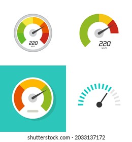 Medir el indicador de velocidad o la puntuación de rendimiento del indicador del velocímetro icono de dial vectores de dibujos animados planos, medición de la escala de progreso deficiente o buena aislada, potencia de presión o nivel de combustible del automóvil