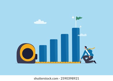 Measure success, growth or KPI, key performance indicator to compare with benchmark, growing progress, improvement or evaluation concept, businessman measure success growth graph with measuring tape.