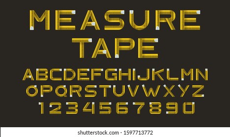 Measure tape font, type isolated on black background. Alphabet from yellow ruler. Vector font with letters and numbers for concept design of school education, architecture or fitness