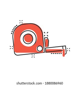 Measure tape icon in comic style. Ruler cartoon sign vector illustration on white isolated background. Meter splash effect business concept.