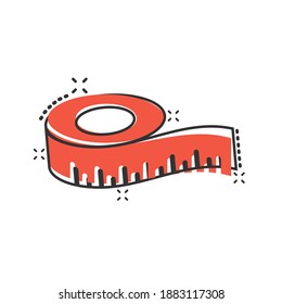 Measure tape icon in comic style. Ruler cartoon sign vector illustration on white isolated background. Meter splash effect business concept.