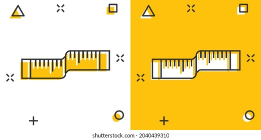 Measure tape icon in comic style. Ruler cartoon sign vector illustration on white isolated background. Meter splash effect business concept.