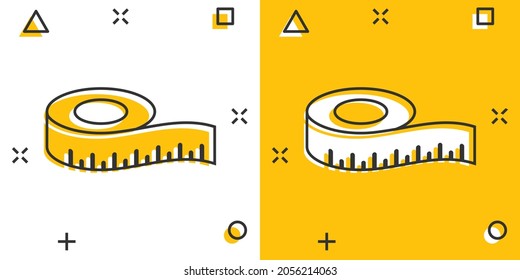 Measure tape icon in comic style. Ruler cartoon sign vector illustration on white isolated background. Meter splash effect business concept.