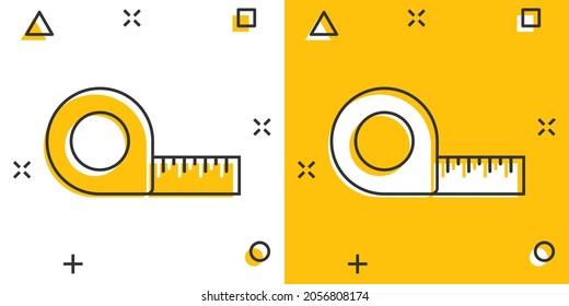 Medir el icono de cinta en estilo cómic. Dibujo vectorial de caricatura de regla sobre fondo aislado blanco. Concepto de negocio de efecto salpicadura de medidor.