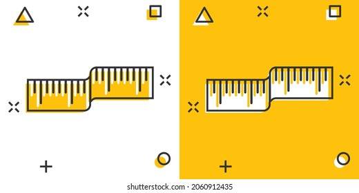 Measure tape icon in comic style. Ruler cartoon sign vector illustration on white isolated background. Meter splash effect business concept.