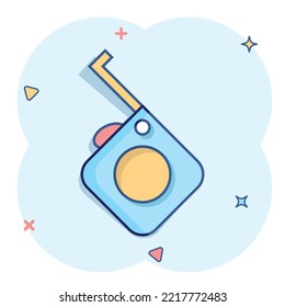Measure tape icon in comic style. Ruler cartoon sign vector illustration on white isolated background. Meter splash effect business concept.