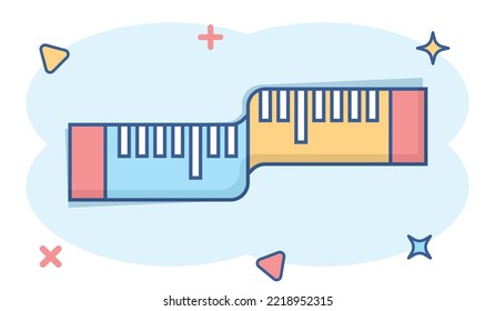 Measure tape icon in comic style. Ruler cartoon sign vector illustration on white isolated background. Meter splash effect business concept.
