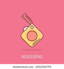 Measure tape icon in comic style. Ruler cartoon sign vector illustration on white isolated background. Meter splash effect business concept.