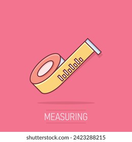 Measure tape icon in comic style. Ruler cartoon sign vector illustration on white isolated background. Meter splash effect business concept.