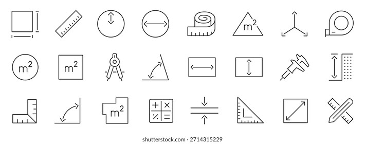 Conjunto de iconos de línea delgada de medida. Área, dimensión, tamaño, diámetro, medida. Trazo editable. Vector
