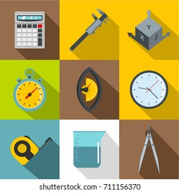Measure tools icon set. Flat style set of 9 measure tools vector icons for web design
