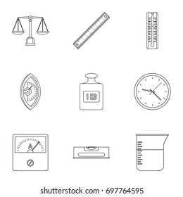 Measure tools icon set. Outline style set of 9 measure tools vector icons for web isolated on white background