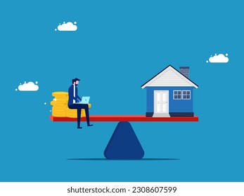 Measure the value of the property. Businessman with money and house on scales