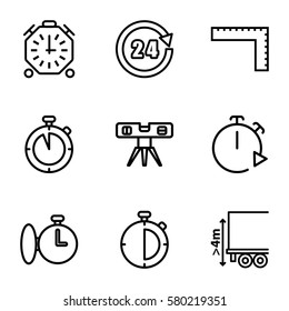 measure vector icons. Set of 9 measure outline icons such as ruler, level ruler, cargo height, 24 hours