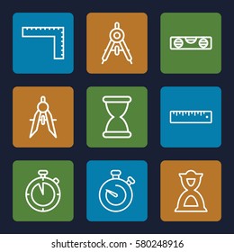 measure vector icons. Set of 9 measure outline icons such as compass, ruler, level ruler, hourglass