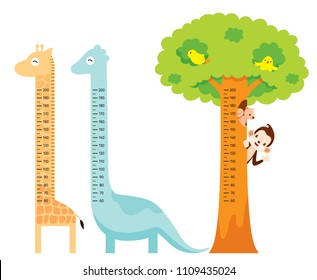 Measured Height Set With Giraffe, Dinosaur, Bird, Monkey, Squirrel, And Tree, Tall, Healthy, Care, People, Lifestyle