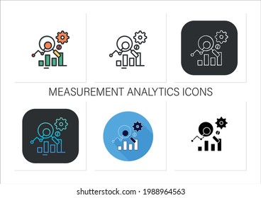 Measurement analytics icons set.Combines measurement science and validity theory, using big data,analytical techniques.Collection of icons in linear, filled, color styles.Isolated vector illustrations