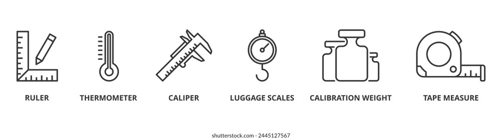 Concepto de la Ilustración vectorial del Web del Anuncio de la medida con el icono de la Regla, termómetro, pinza, básculas del equipaje, peso de la calibración, cinta métrica