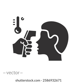 measurement body temperature icon, thermometer in a hand with head, check fever, flat vector illustration