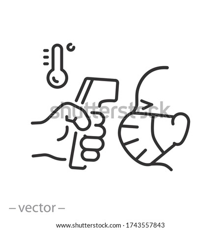 measurement body temperature icon, thermometer in a hand with head in a mask, check fever, thin line web symbol on white background - editable stroke vector illustration eps10