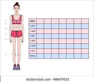 Measurement chart of body parameters for sport and diet effect tracking. Blank weight loss table layout. Chest, waist, hips, arms, thighs measurements recording. Vector illustration.

