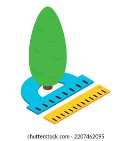 Measurement concept icon isometric vector. Decorative tree, protractor and ruler. Measuring, stationery