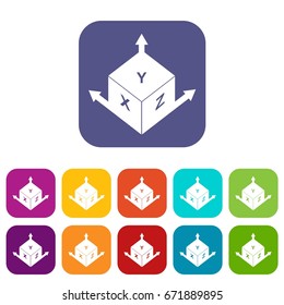Measurement cube square icons set vector illustration in flat style In colors red, blue, green and other