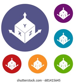 Measurement cube square icons set in flat circle red, blue and green color for web
