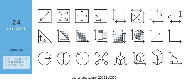 Measurement of dimension, area, perimeter line icon set. cube, square, triangle, angle, circle, office, tools, floorplanning, corner, place, scale, quantity, notation, meter, metrics.Outline sings.