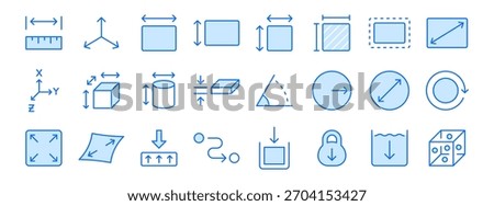 Measurement and dimension line icon set. Ruler, 3D axis, width, height, diameter minimal vector illustrations. Simple outline signs for geometry size tools. Blue color. Editable Stroke