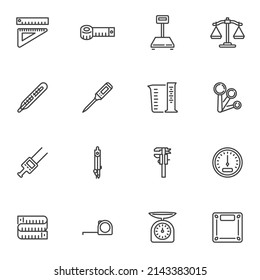 Measurement, dimension line icons set, outline vector symbol collection, linear style pictogram pack. Signs, logo illustration. Set includes icons as measuring tape, weight scales, thermometer, gauge
