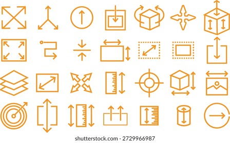 Medición y conjunto de dimensiones. Símbolos creativos de construcción y diseño. Iconos de medición de alta calidad. Señales industriales y matemáticas modernas