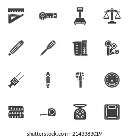 Measurement, dimension vector icons set, modern solid symbol collection, filled style pictogram pack. Signs, logo illustration. Set includes icons as measuring tape, weight scales, thermometer, gauge