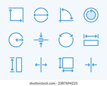 Measurement and Dimension vector line icons. Size and Scale Measure outline icon set. Length, Width, Thickness, Radius, Diameter, Angle, Circumference, Area and more.