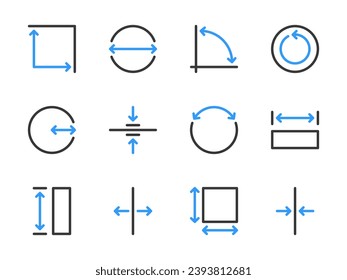 Measurement and Dimension vector line icons. Size, Length, Width and Scale measure outline icon set.
