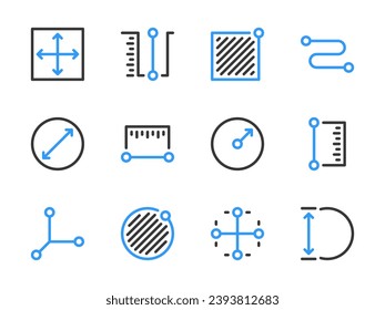 Iconos de línea vectorial de medida y dimensión. Conjunto de iconos de esquema de medida de tamaño, longitud, ancho y escala.