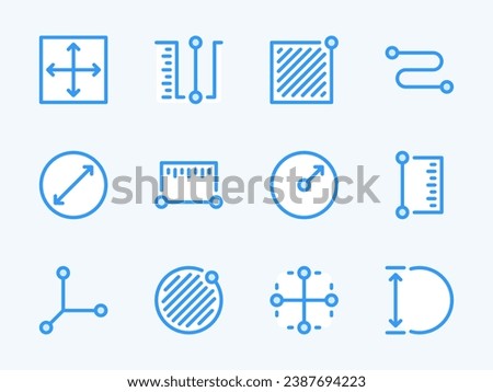 Measurement and Dimension vector line icons. Size and Scale Measure outline icon set. Length, Width, Segment, Depth, Radius, Diameter, Angle, Circumference, Area and more.