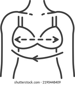 Medición y dimensiones del sostén de la mujer, gráfico de tamaño del volumen del pecho para elegir el ajuste perfecto. Ropa y prendas de vestir a la venta. Icono aislado, etiqueta minimalista de arte de línea. Vector de estilo plano