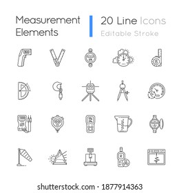 Measurement elements linear icons set. Measuring physical quantity. Infrared thermometer. Dynamometer. Customizable thin line contour symbols. Isolated vector outline illustrations. Editable stroke