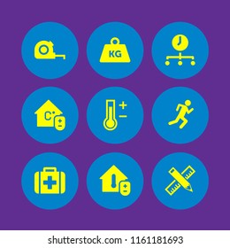 measurement icon. 9 measurement set with celsius, temperature, running stick figure and medical vector icons for web and mobile app