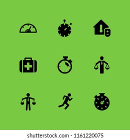 measurement icon. 9 measurement set with temperature, running stick figure, medical and time vector icons for web and mobile app