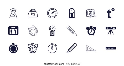 Measurement icon. collection of 18 measurement filled and outline icons such as floor scales, ruler, clock alarm, temperature. editable measurement icons for web and mobile.