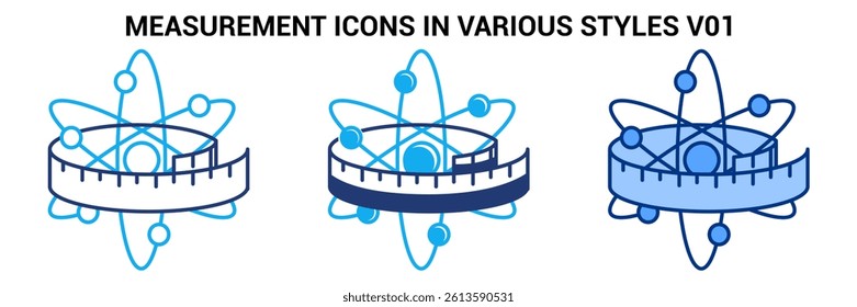 Measurement icon represented by atom, ruler Blue, Dualline, Dualtone style.