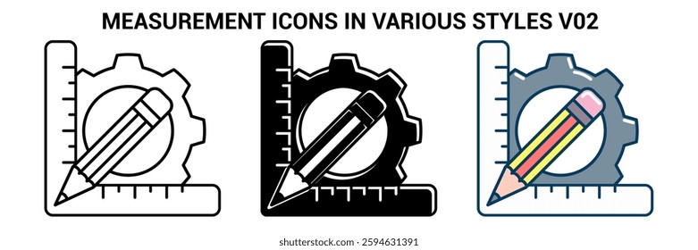 Measurement icon represented by ruler, pencil, gear Line, Filled, Color style.