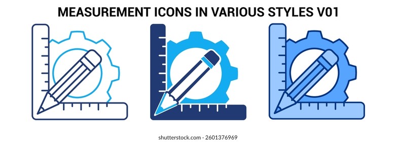 Measurement icon represented by ruler, pencil, gear Blue, Dualline, Dualtone style.