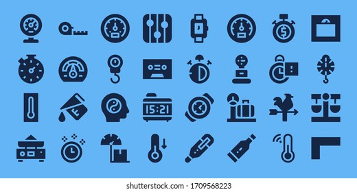 measurement icon set. 32 filled measurement icons. on blue background style Simple modern icons such as: Meter, Stopwatch, Thermometer, Balance, Measuring tape, Speedometer, Measure