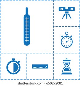 Measurement icon. set of 6 measurement filled icons such as level ruler, hourglass, thermometer, stopwatch