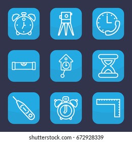 Measurement icon. set of 9 outline measurement icons such as level ruler, ruler, theodolite, thermometer, hourglass, pendulum, alarm, stopwatch