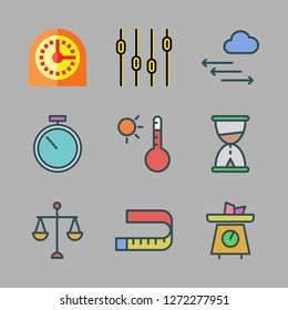 measurement icon set. vector set about measuring tape, scale, timer and levels icons set.