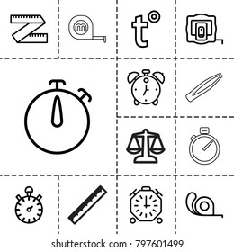 Measurement icons. set of 13 editable outline measurement icons such as measure tape, tape, measure ruler, temperature, stopwatch, alarm, ruler, tweezers